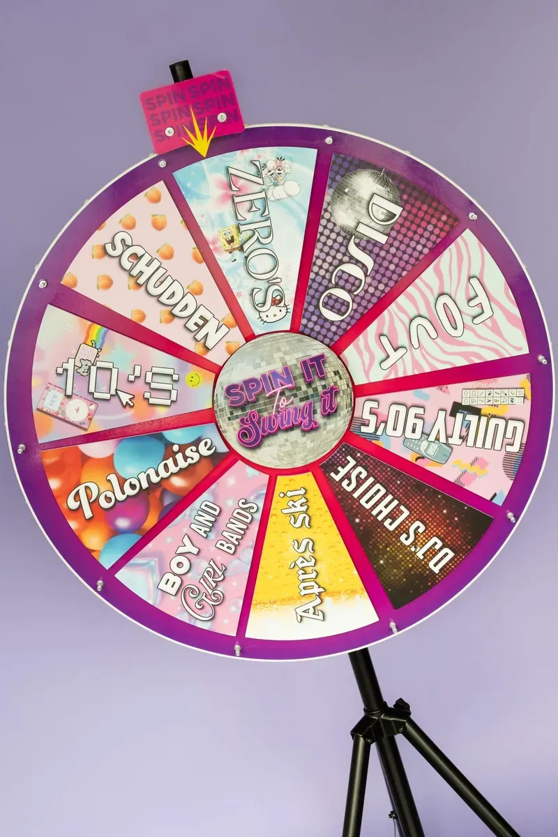Het draairad van Spin it to Swing it met de verschillende showopties