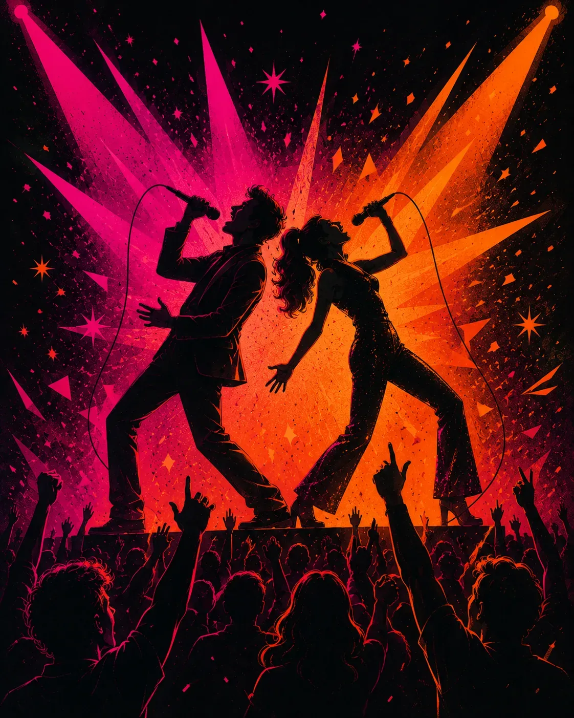 Illustratie van twee zangers in de spotlights tijdens de Knallende Karaoke